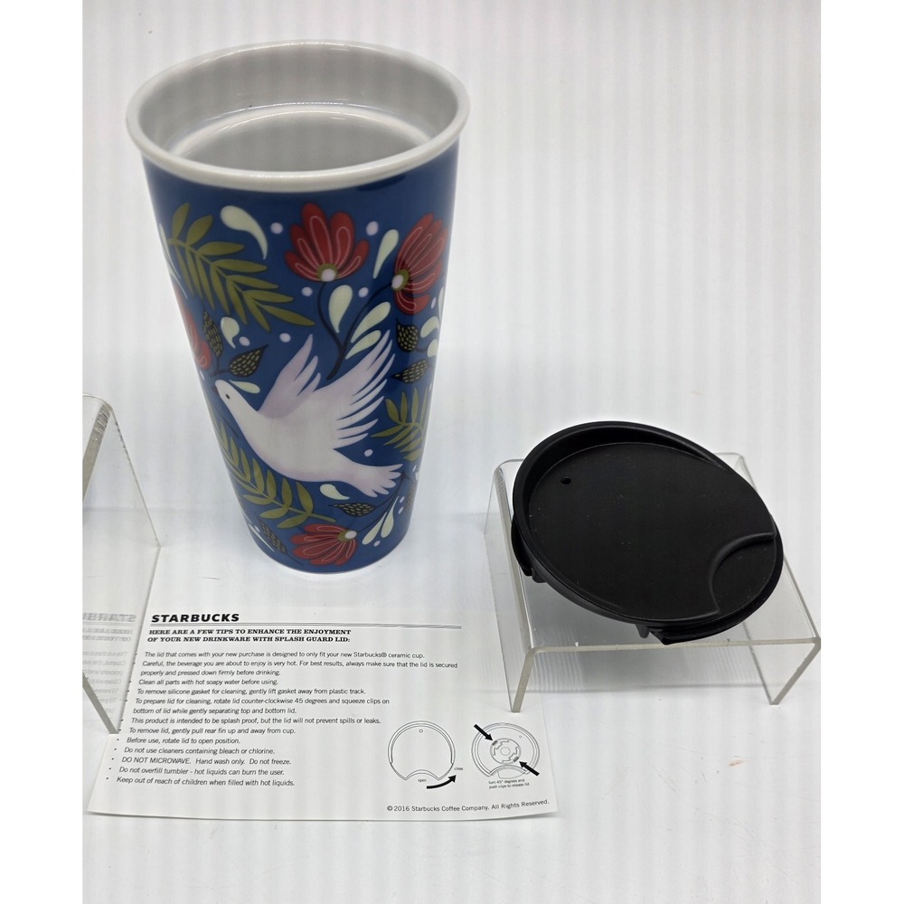 NEW Starbucks Blue Peace Dove Ceramic Tumbler Cup 12 oz with Lid Coffee Tea